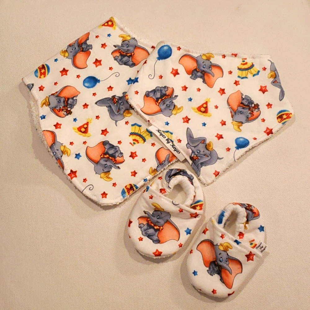 Dumbo bib, burpcloth, and crib shoes